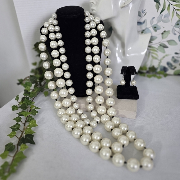 Vintage Jewelry - Large Statement Multi Strand Chunky Pearl Necklace and Earrings Set